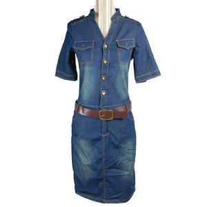 Split Neck Denim Belt Flap Pocket Bodycon Dress